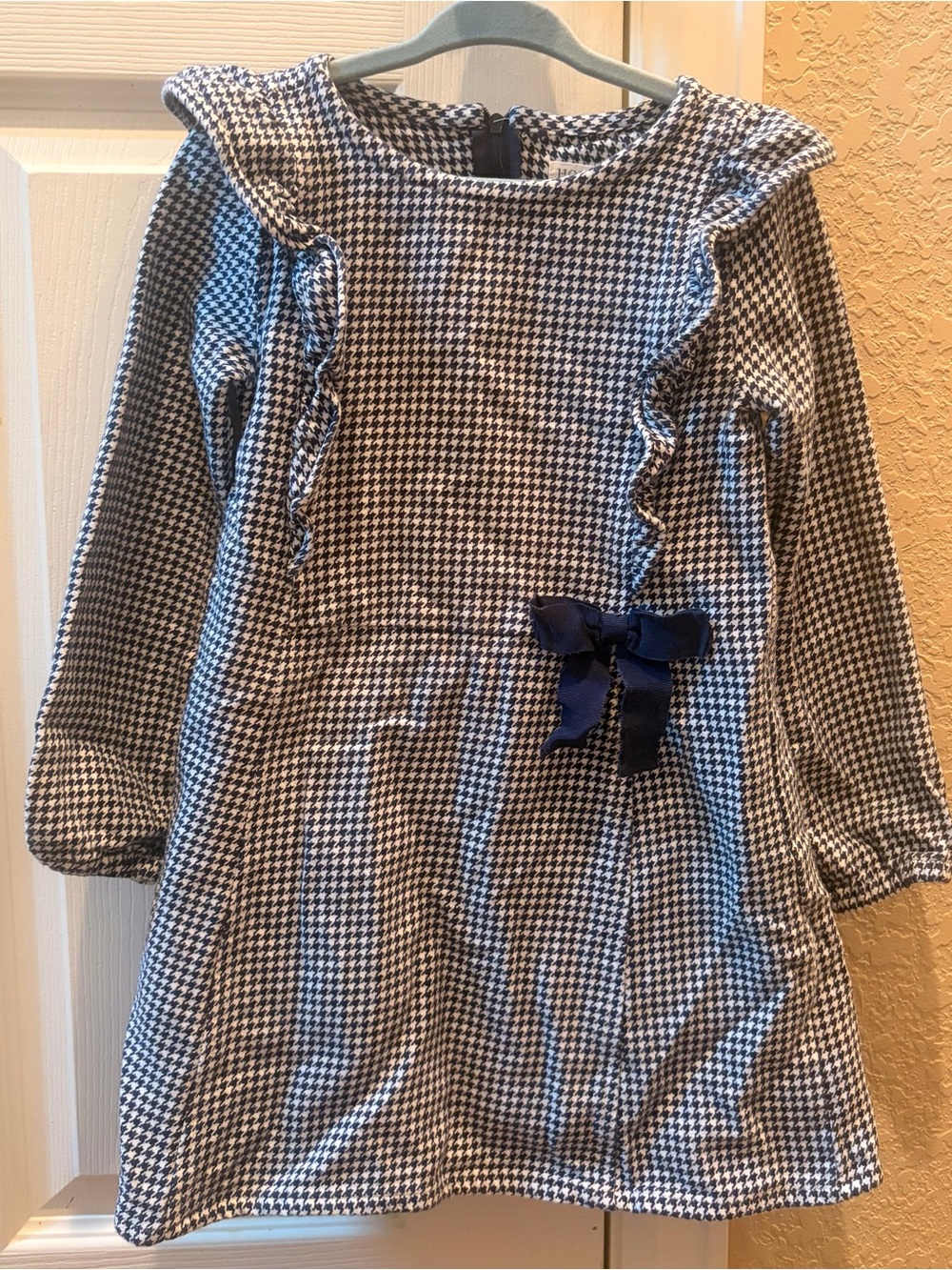 Hope and Henry Girls Navy Houndstooth Ruffle Dress with Bow Accent